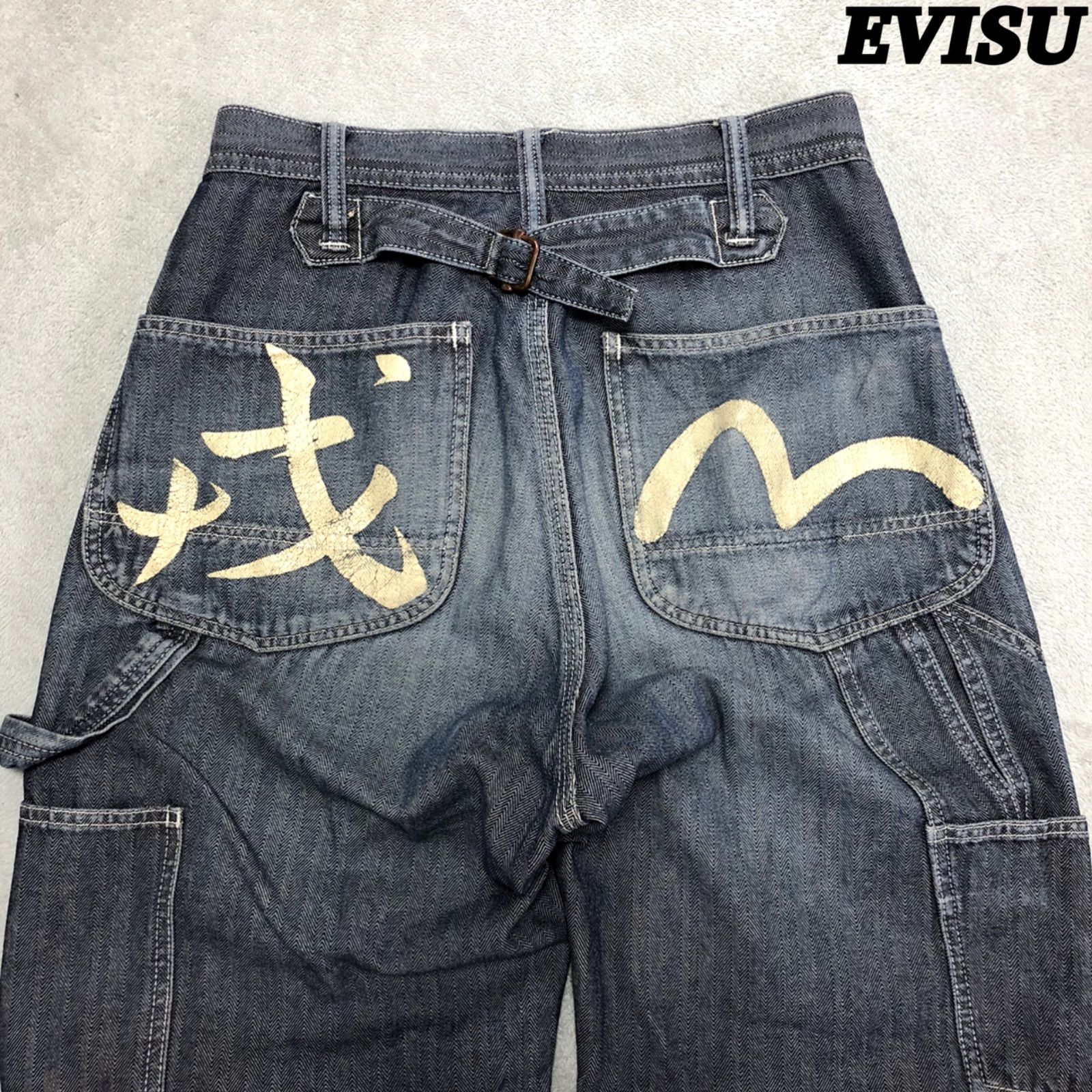 EVISU ペインターパンツ カーペンターパンツ ワークパンツ デニムパンツ ジーンズ ヴィンテージ加工 ユーズド加工 ヘリンボーン 戒 カモメ シンチバック ボタンフライ W30 青系 インディゴブルー エヴィス