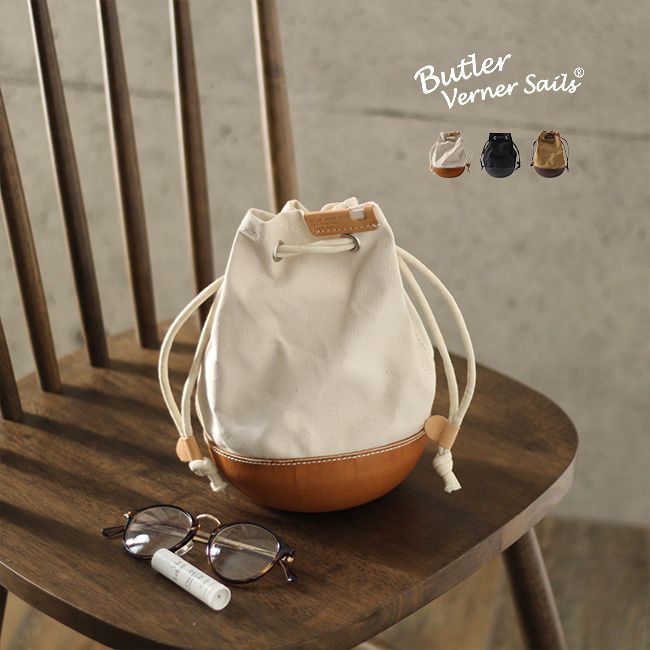 ベージュ Butler Verner Sails モールドレザー巾着ショルダー 巾着バッグ 小さめ 革 大人 巾着バッグメンズ 本革