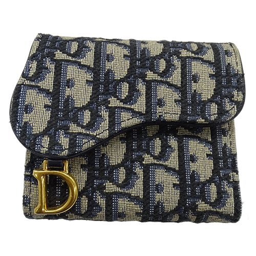 ディオール Dior 財布 レディース ブランド 三つ折り財布 キャンバス レザー サドル ロータスウォレット オブリーク ジャカード ネイビー S5652CTZQ_M928 コンパクト 【中古】 ディオール Dior 財布 レディース ブランド 三つ折り財布 キャンバス