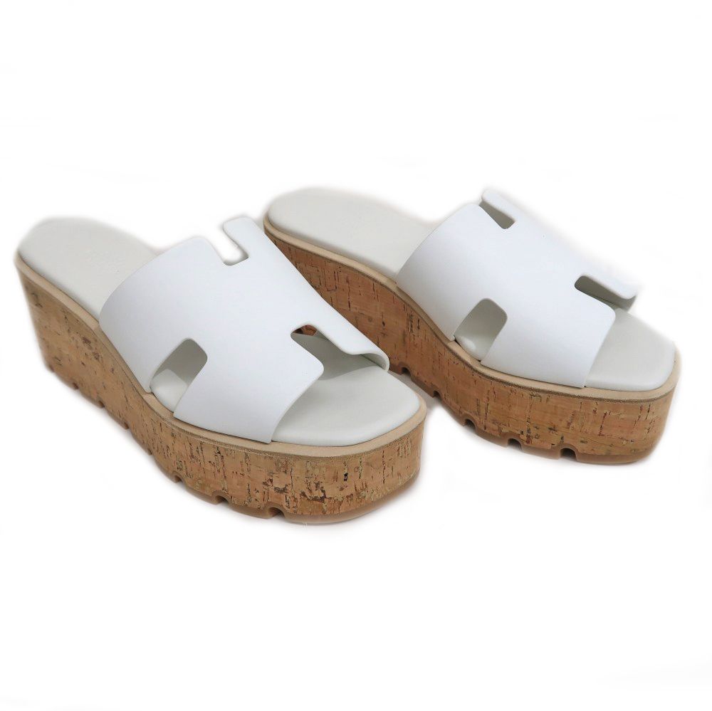 名東】エルメス エズ サンダル サイズ39 レザー コルク ホワイト 厚底