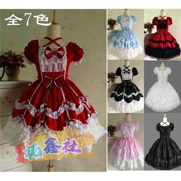 ゴスロリ ワンピース ロリータ ゴシック コスプレ メイド 全7色 衣装 コスチューム カラバリ豊富 かわいい リボン 原宿 お茶会 甘ロリ
