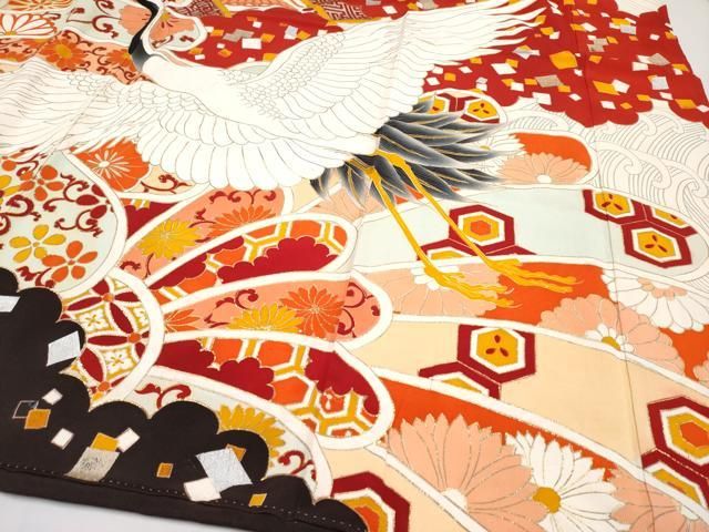 平和屋本店□極上 アンティーク 大正ロマン 振袖 駒刺繍 相良刺繍 飛鶴  