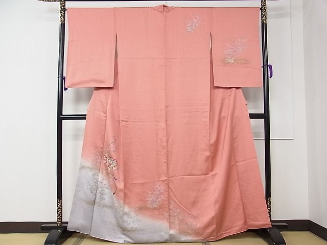 平和屋着物□極上 訪問着 紬地 刺繍 色紙立波花文 白鼠色