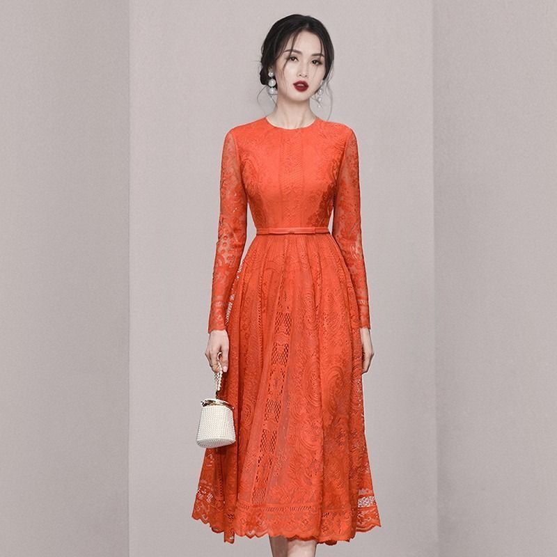 【美品】高島屋購入 高級オレンジ 花柄 刺繍 Aラインドレス 美品】高島屋購入 高級オレンジ 花柄 刺繍 Aラインドレス