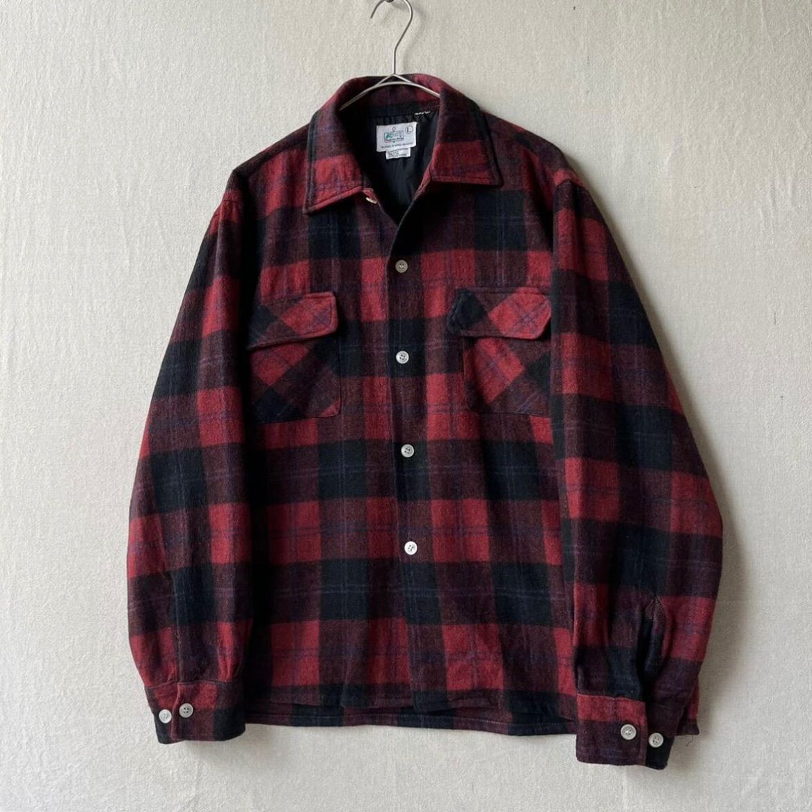70s USA vintage ウール ボックス シャツ / L リネン ナイロン レッド チェック オープンカラー ビンテージ T4-09089-1550
