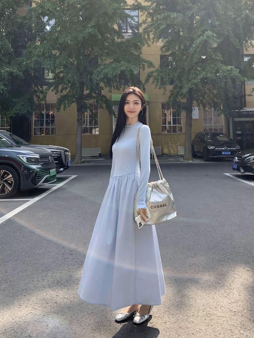 春のお出かけに 上品ニットロングドレスワンピース