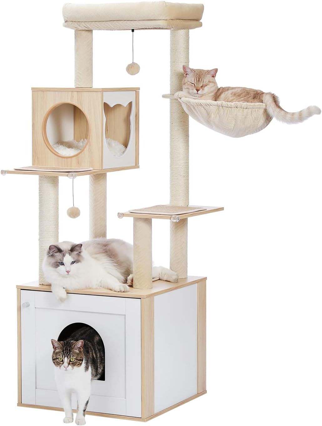 PETEPELA ぺテぺラ キャットタワー トイレ目隠し 木製 収納 多用家具 インテリア 猫タワー 多頭 ぶつかり防止 角ガード コーナーガード 安全対策 滑り止めマット付き 猫ハウス ベッド - 高さ150cm ベージュ