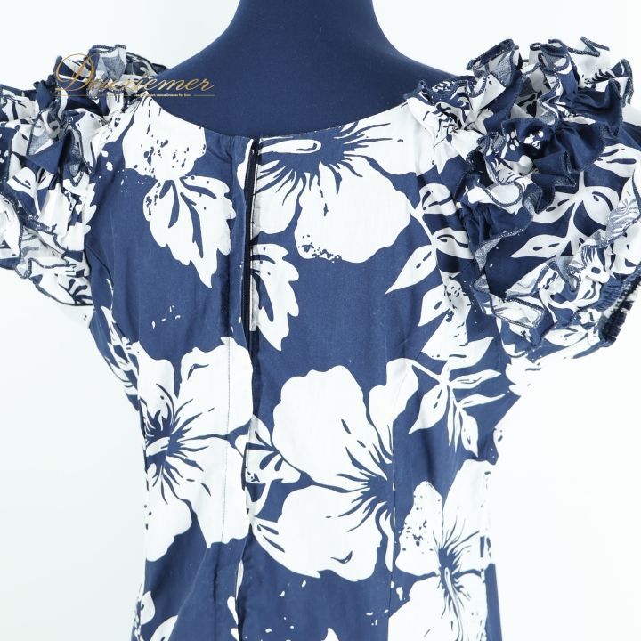 フラダンス 衣装 ワンピース ドレス ネイビー系 フラ ダンス 紺 白 花