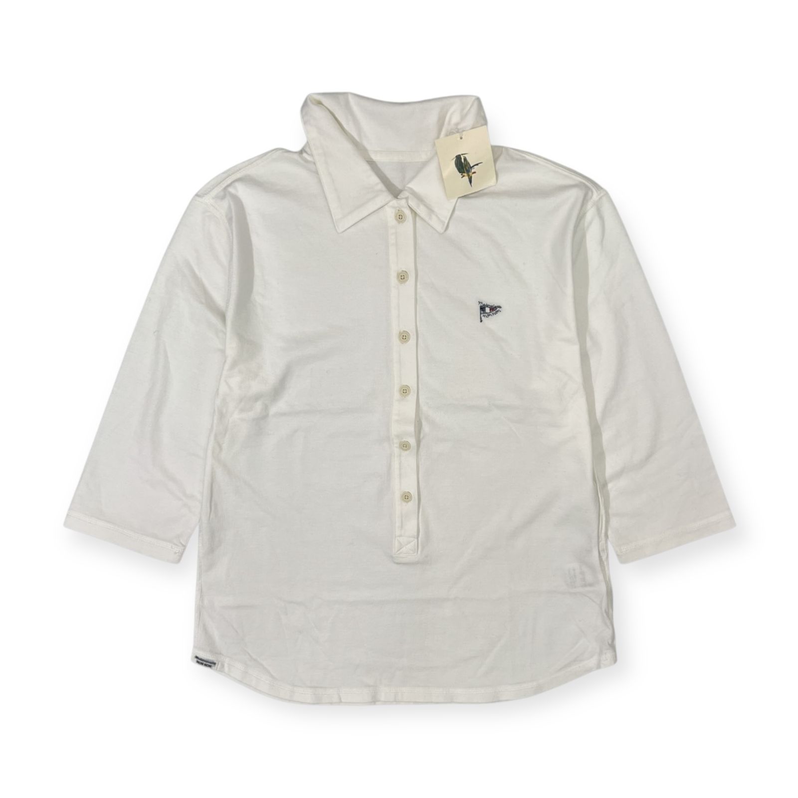 Mademoiselle NON NON マドモアゼルノンノン タグ付き フラッグ刺繍 七分袖 ポロシャツ M|ホワイト