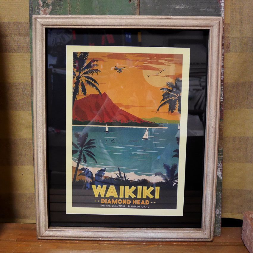 ODハワイアン フレームポスター WAIKIKI SUNSET パンナム航空