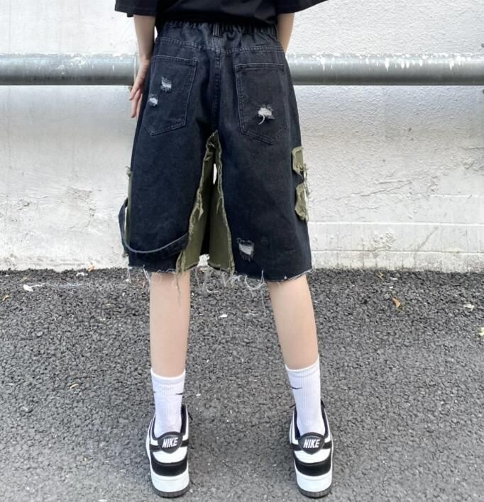 デニム ハーフ パンツ リメイク風 韓国 ストリート 切替 HIPHOP レディース 衣装 Y2K ダメージ 原宿系 ダンス nee3u452961