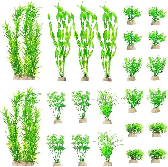 Ctpeng 23個 アクアリウム植物 プラスチック 人工水槽 水槽 装飾，人工水草(グリーンとホワイト)