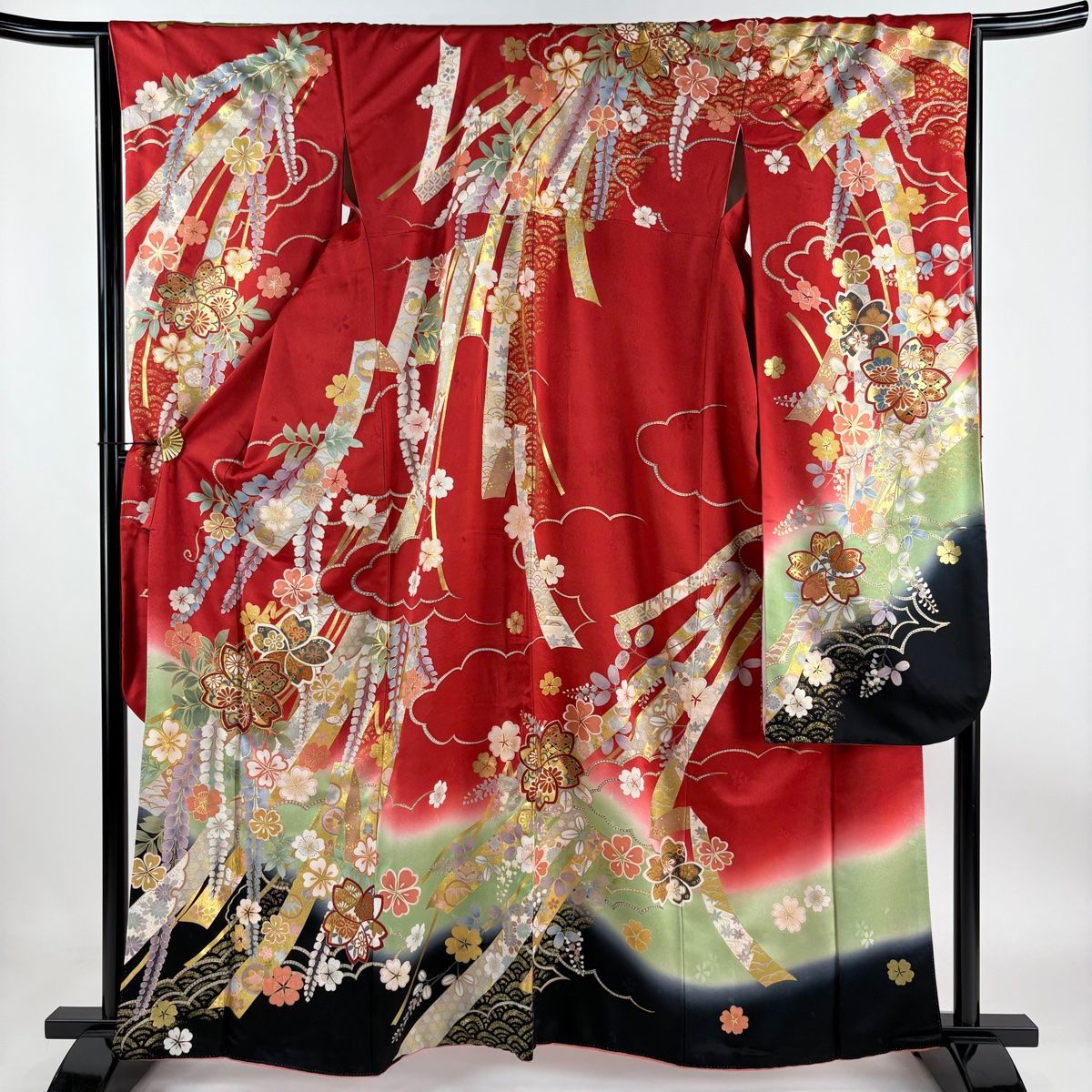 振袖 身丈161.5cm 裄丈67cm M 袷 桜 熨斗 金糸 金彩 赤 正絹 美