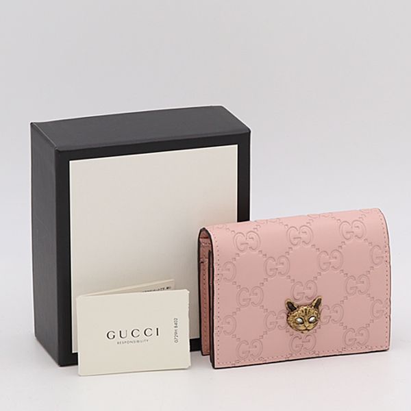 美品 箱付き グッチ ピンク レザー 石付 猫モチーフ レディース折財布