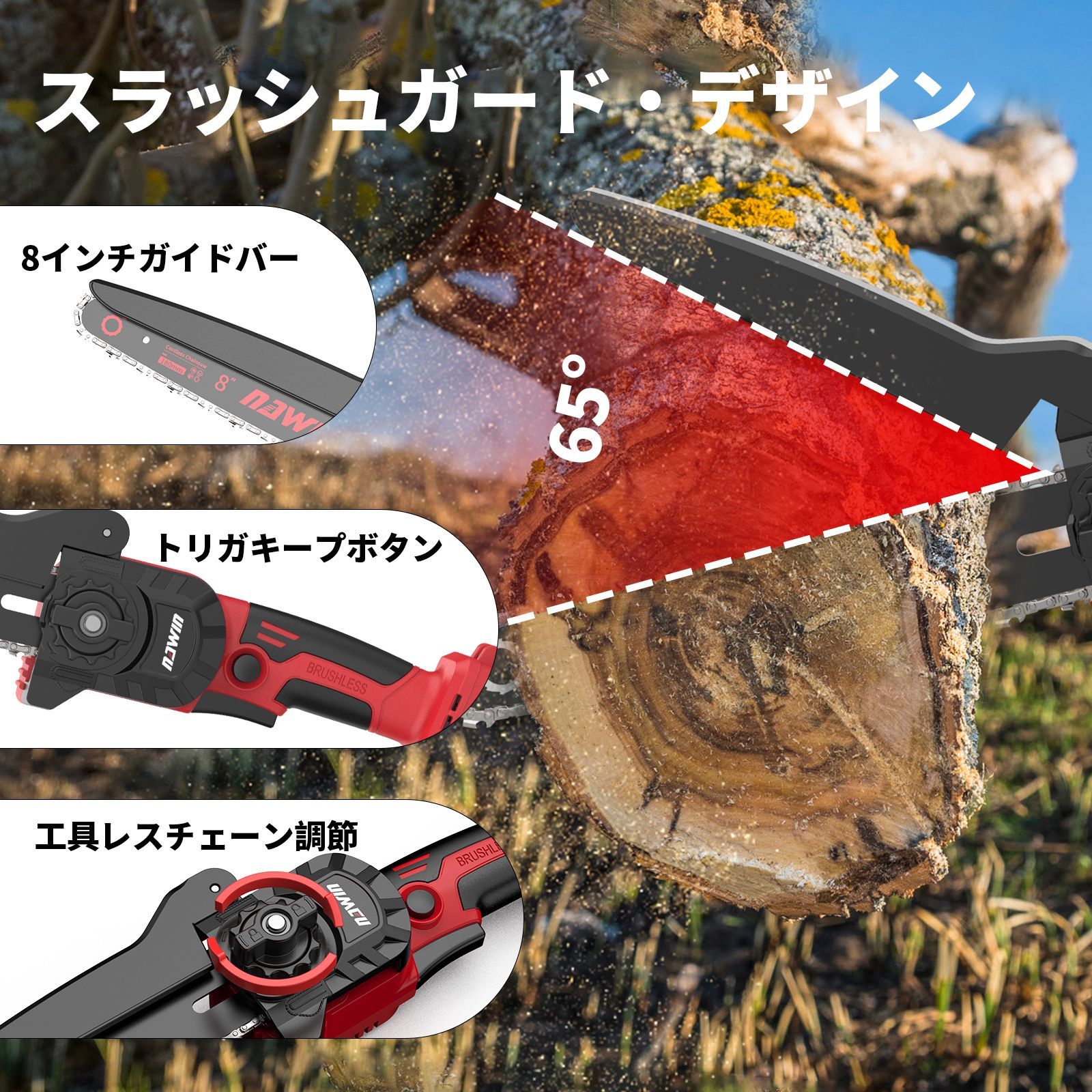 ナウィン 充電式チェーンソー 8インチ ガイドバー200mm 工具レスで調整 