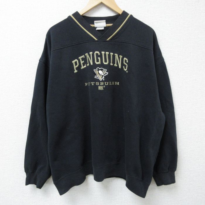 XL/古着 リー Lee 長袖 スウェット メンズ 00s NHL ピッツバーグペンギンズ 刺繍 大きいサイズ Vネック 黒 ブラック アイスホッケー 25feb1