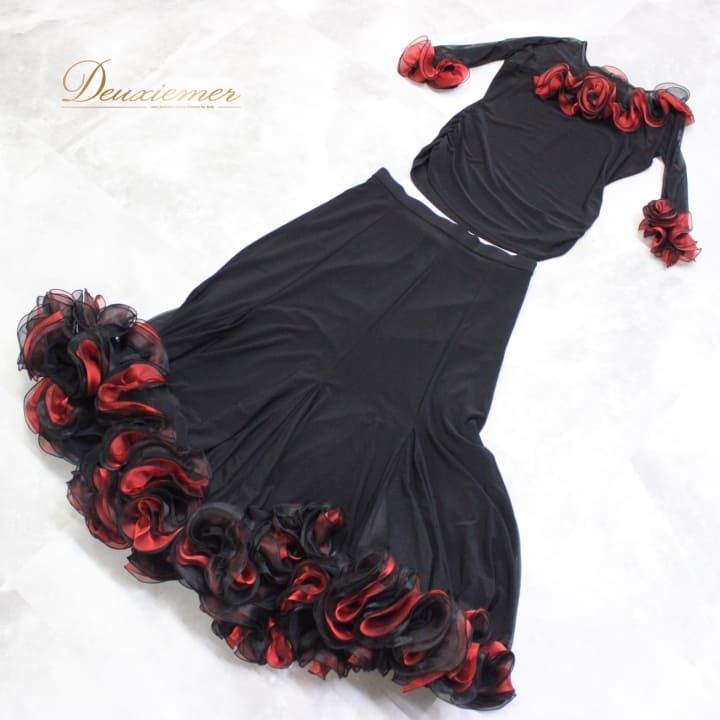 新品　社交ダンス　ツーピース　黒　赤　タンゴ　セットアップ　パーティ　2914 新品 社交ダンス 赤 黒 ツーピース セットアップ タンゴ パーティ 2914