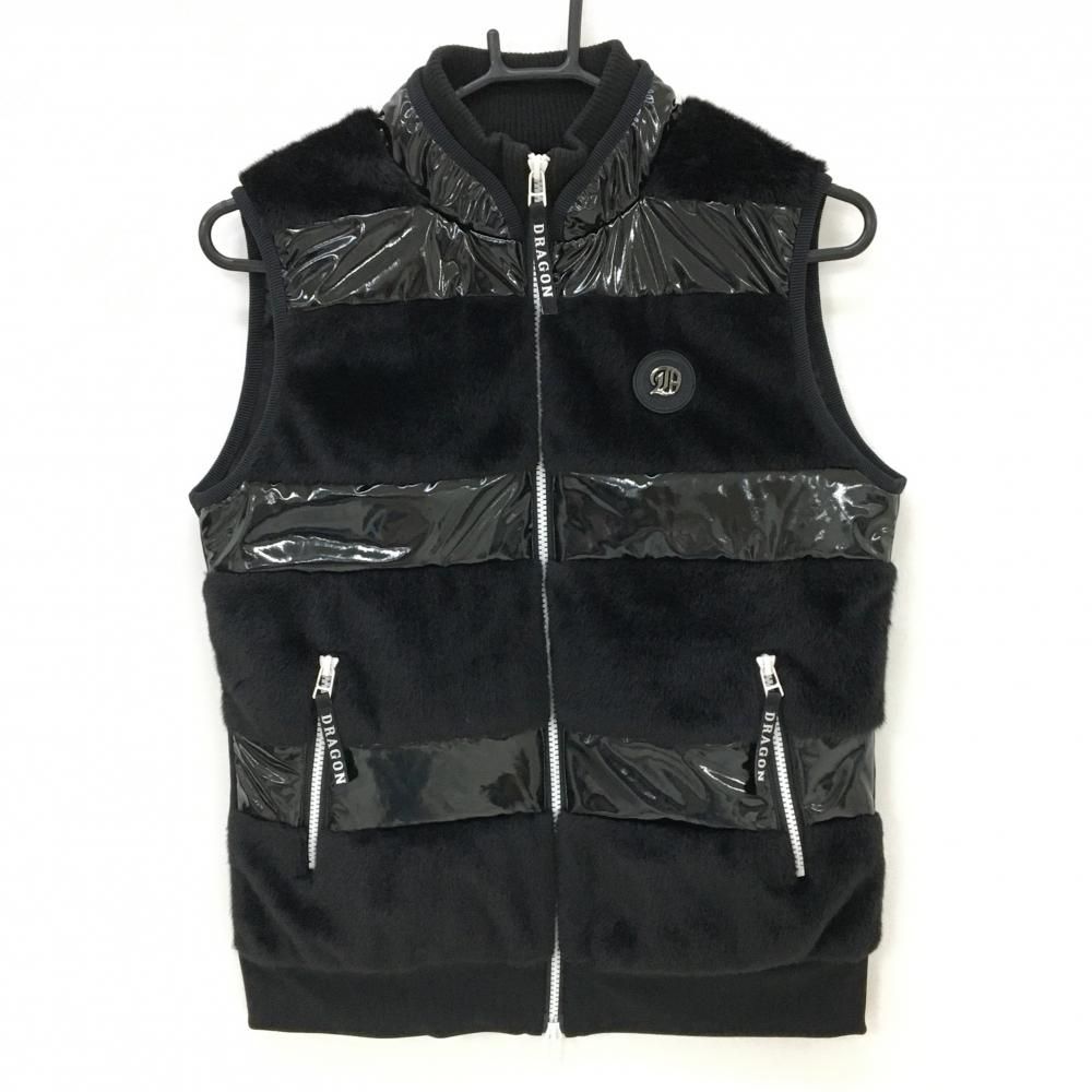 超 ダンスウィズドラゴン 異素材切替ベスト 黒 ボア エナメル 後ろ身頃裏起毛 レディース 2 M ゴルフウェア Dance With Dragon