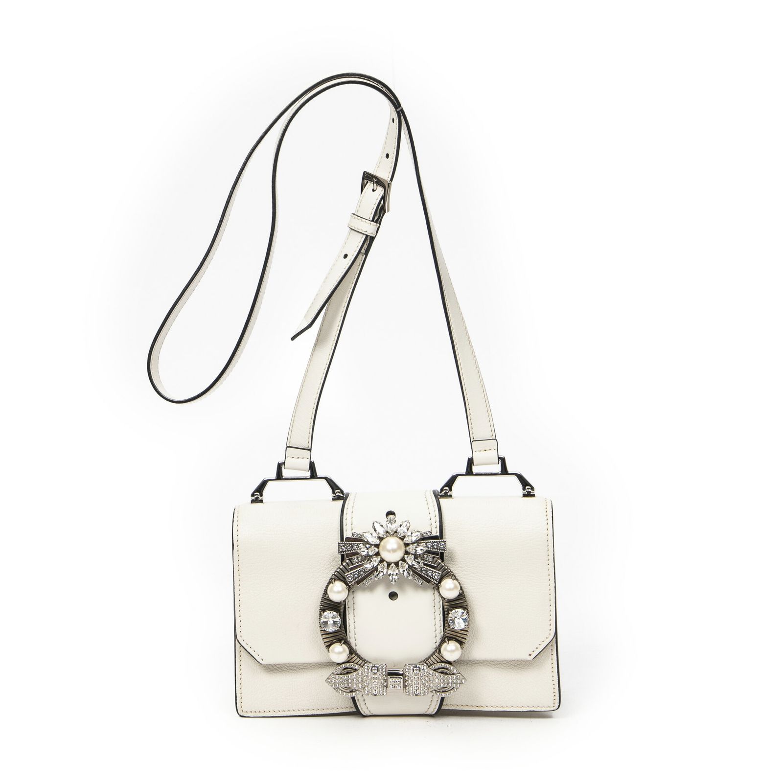 MIU MIU ミュウミュウクリスタルバックルフラップ白マドラスレザーA