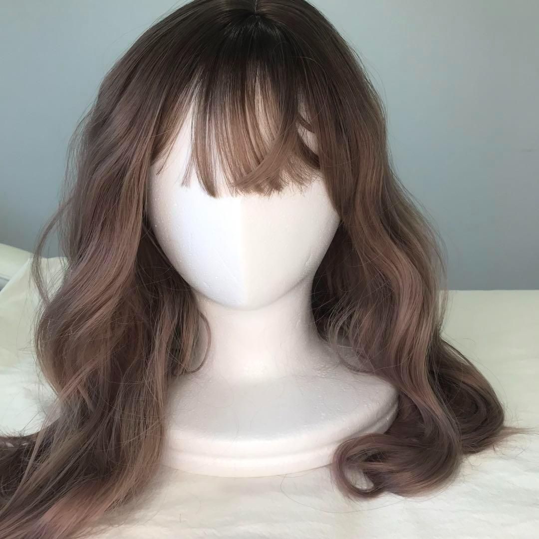 ロングウェーブ ダークブラウン フルウィッグ 自然 前髪 医療用 wig