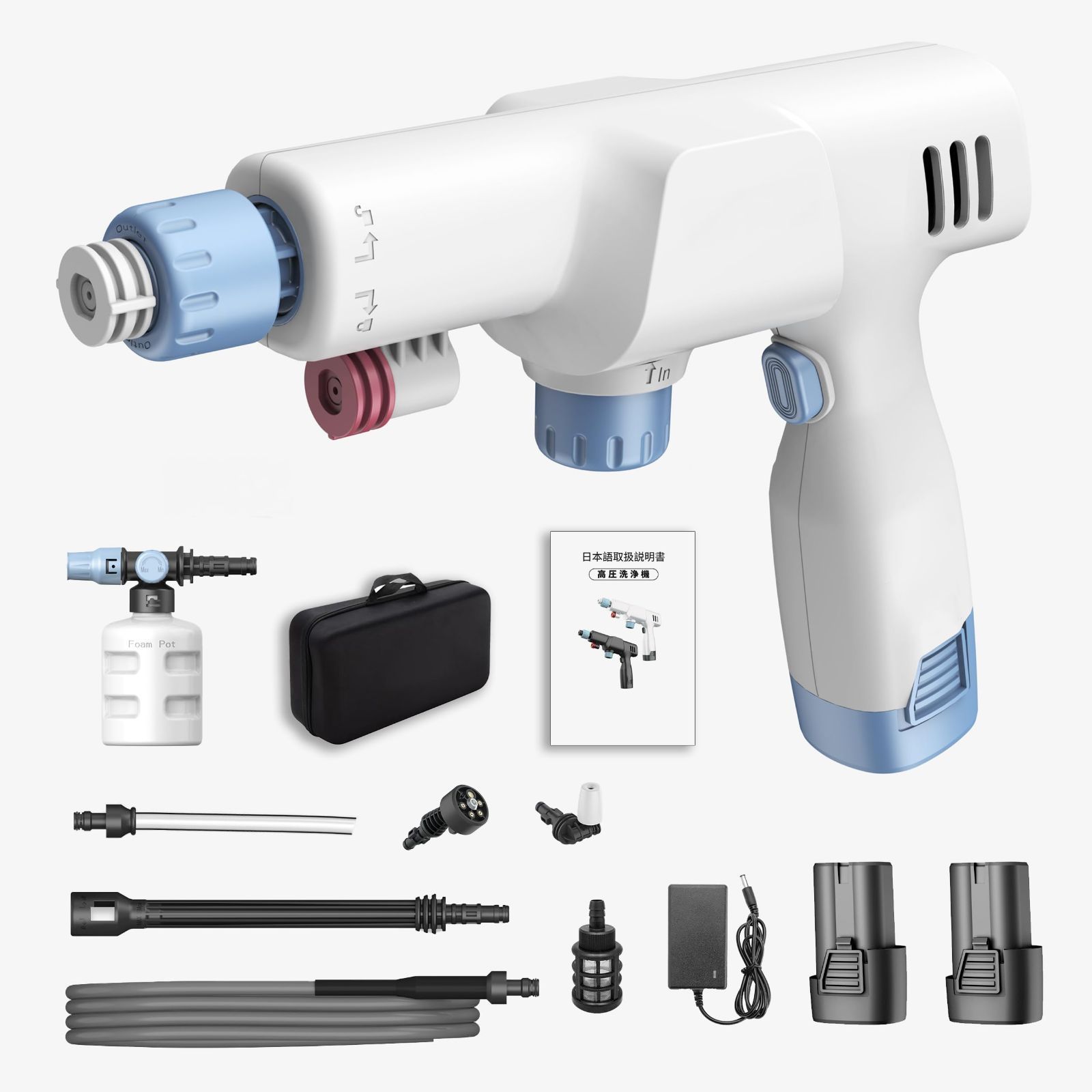 ポータブル 二つバッテリ付き 3.5MPa ペットボトル フォームノズル対応 コードレス 自吸式6in1 ノズル 小型 充電式 軽量 0.9kg 持ち運びらくらく 高圧洗浄機 バッテリー式 収納ボックス付き LuckTech 洗車 庭 階段 ベランダ掃除に