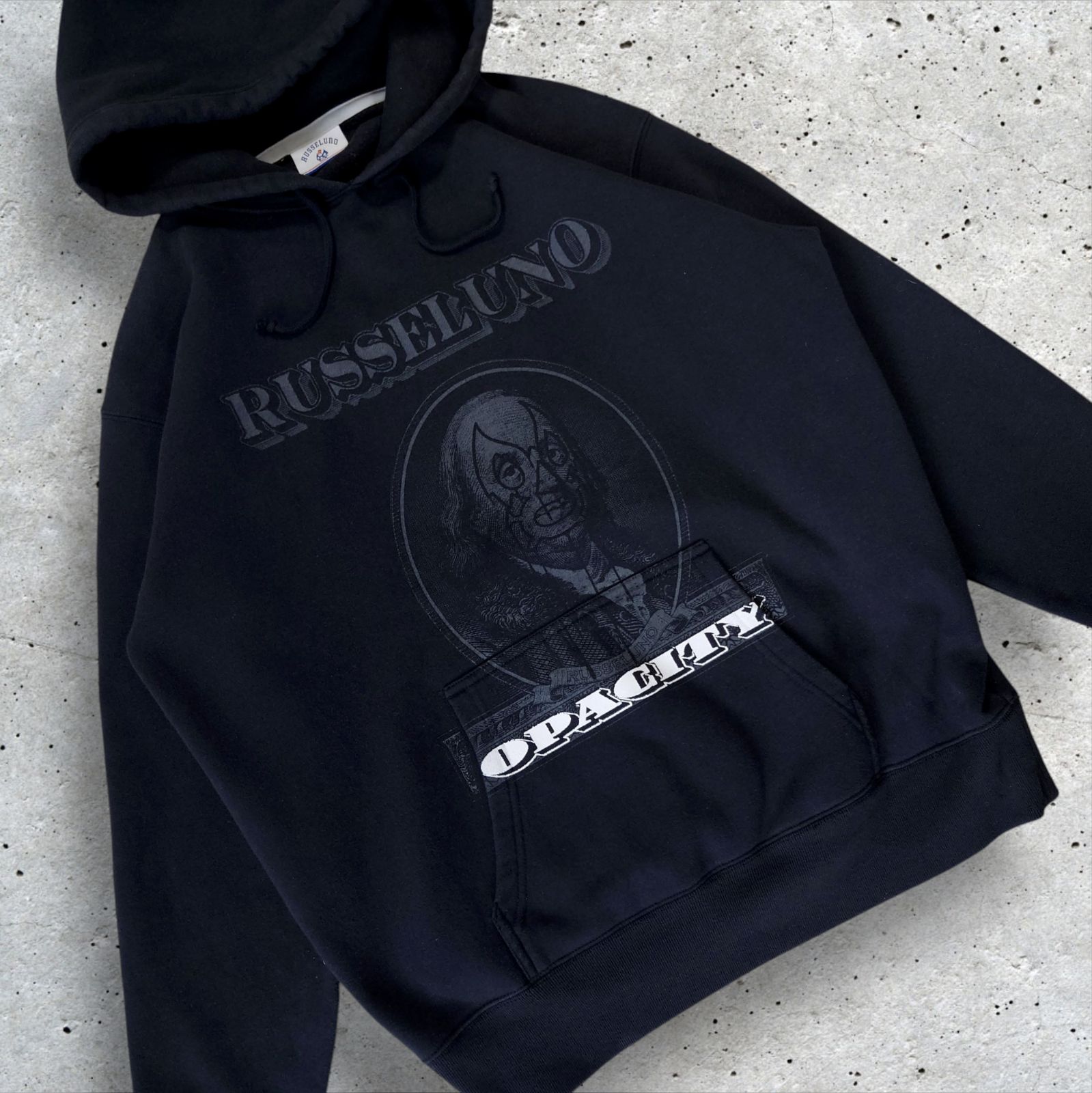 人気モデル RUSSELUNO GOLF OPACITY HOODIE プルオーバーパーカー ブラック オーバーサイズシルエット