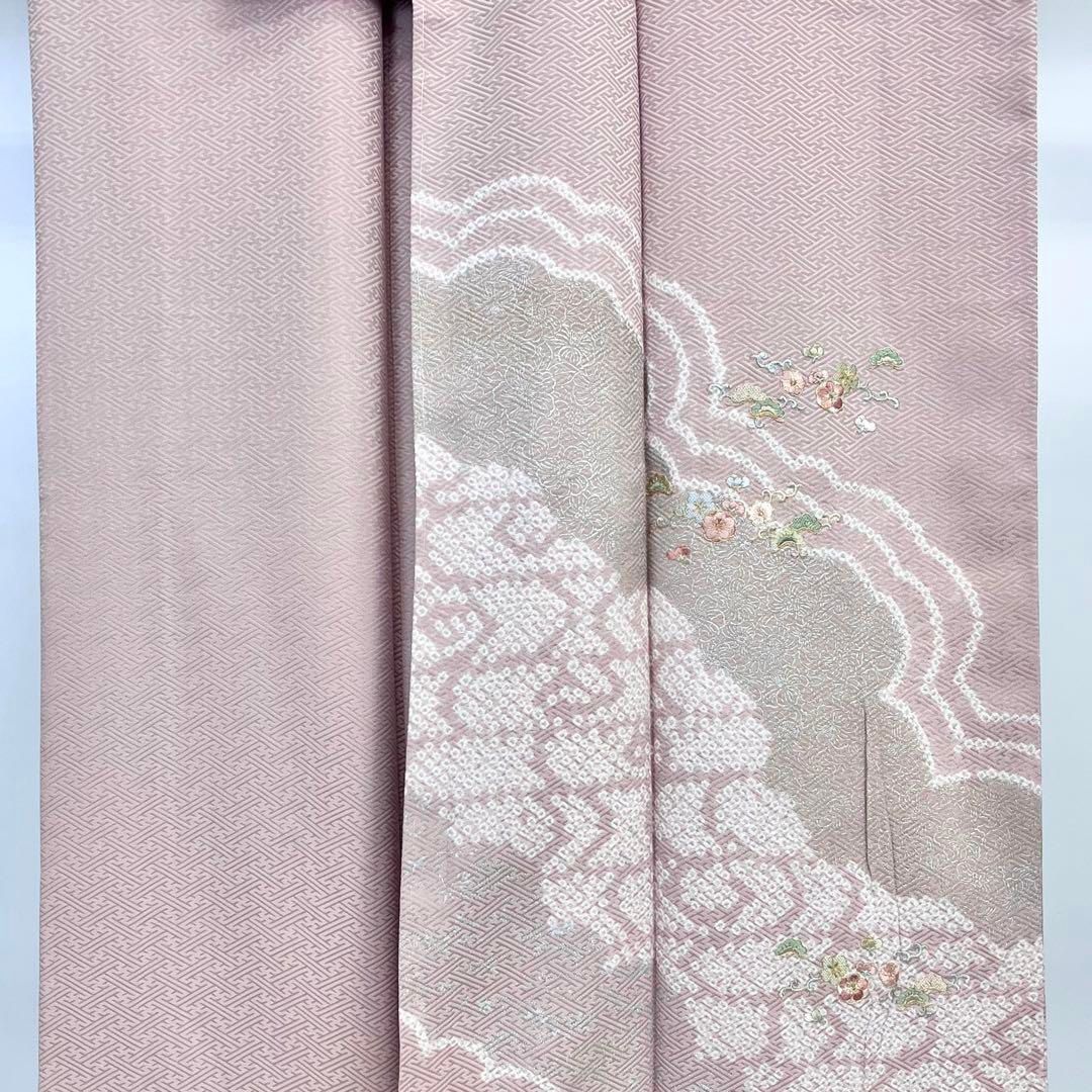 訪問着 絞りに刺繍の花模様 雲模様 浪花鼠色 トールサイズ K-4062 