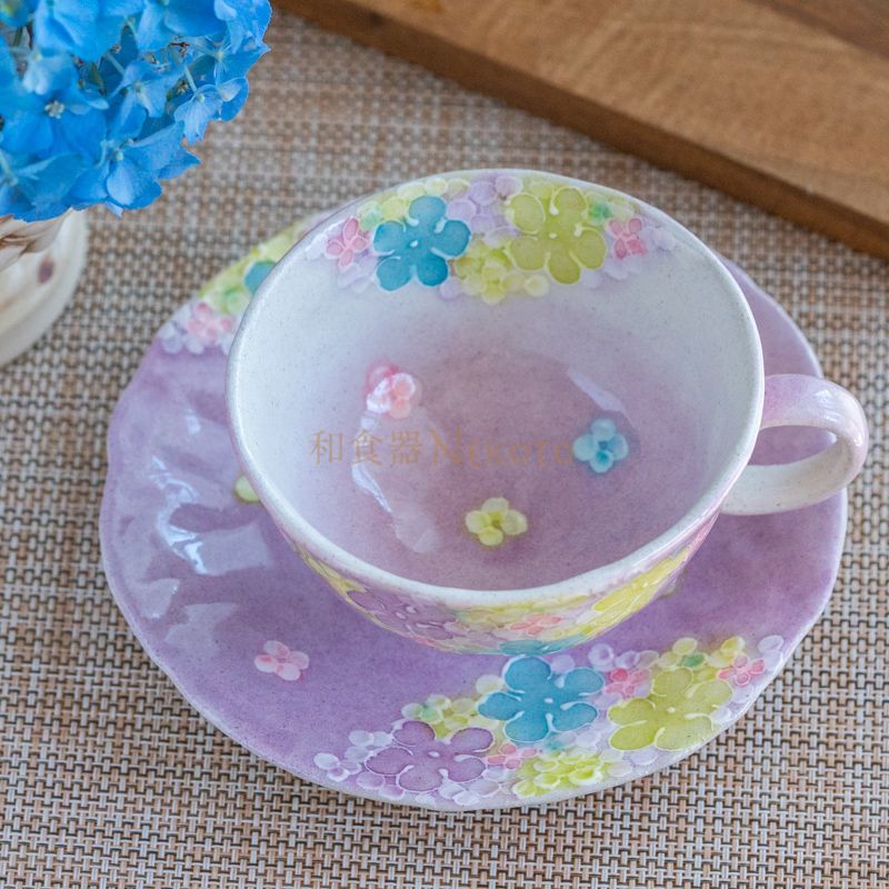 日本製工房「風花」瀬戸焼 小花一珍・紫 コーヒー碗皿カップ