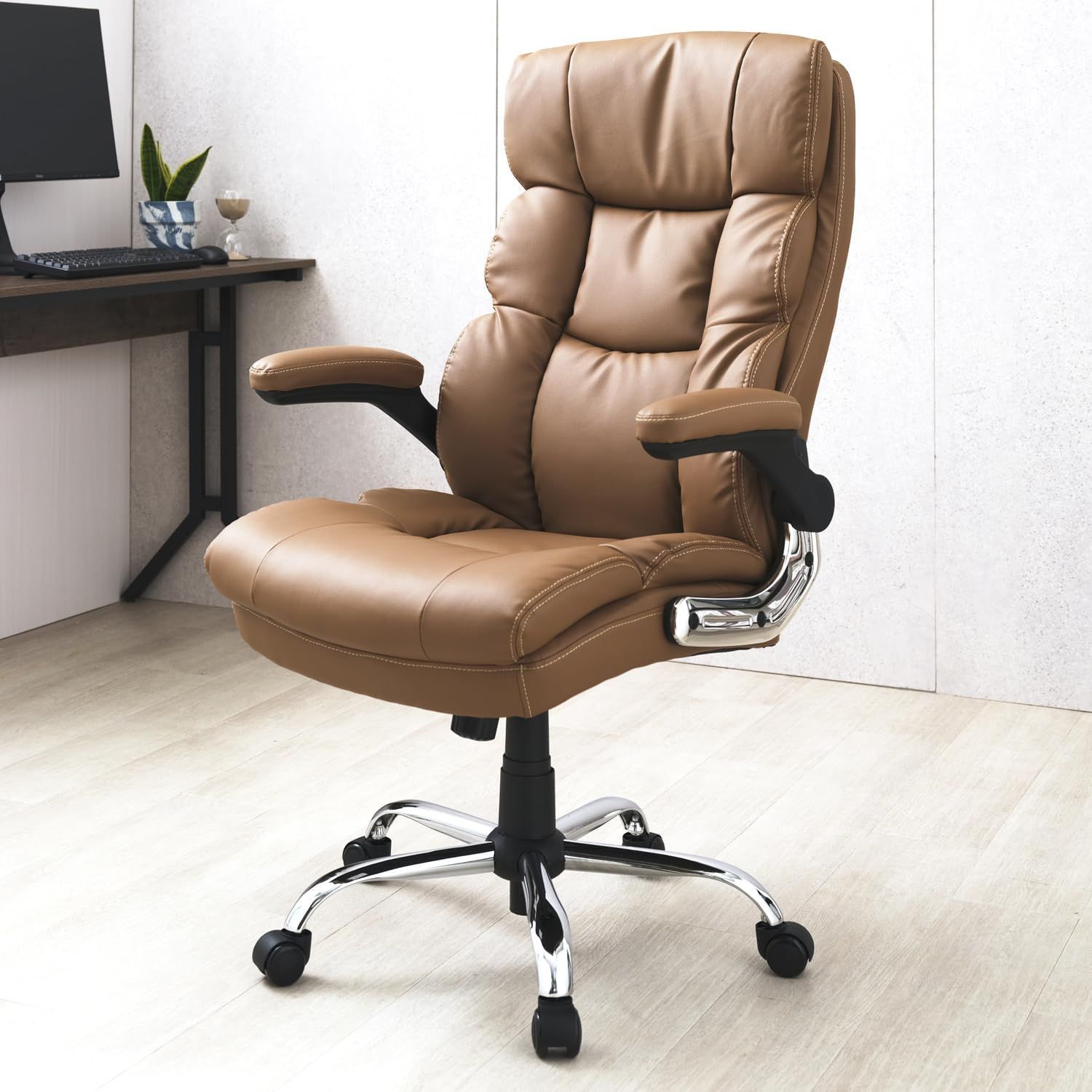 人気商品 クッション 厚め お尻 疲れない 腰 お尻が痛くならない 背中 ハイバック あぐらをかける 背もたれ 椅子 跳ね上げ パソコンチェア 肘 耐荷重90kg 合革 レザー調 茶色 デスクチェア ブラウン オフィスチェア BMC-BR ドウシシャ