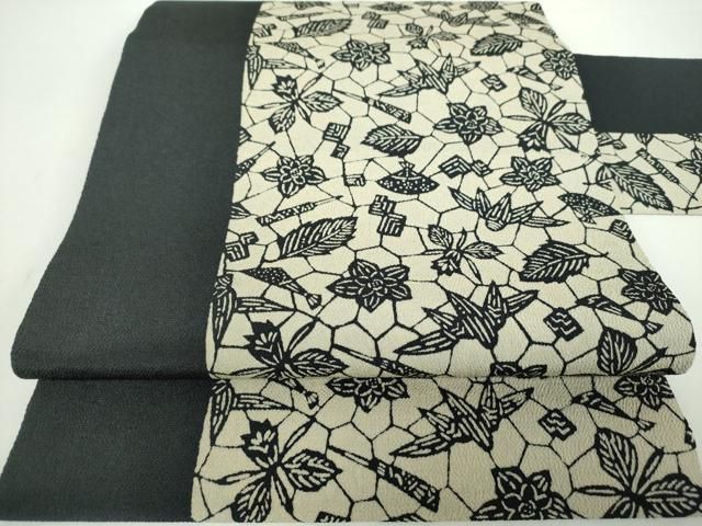 平和屋着物○九寸名古屋帯 作家物 伊勢型染 舞扇花文 鬼しぼ縮緬 正絹