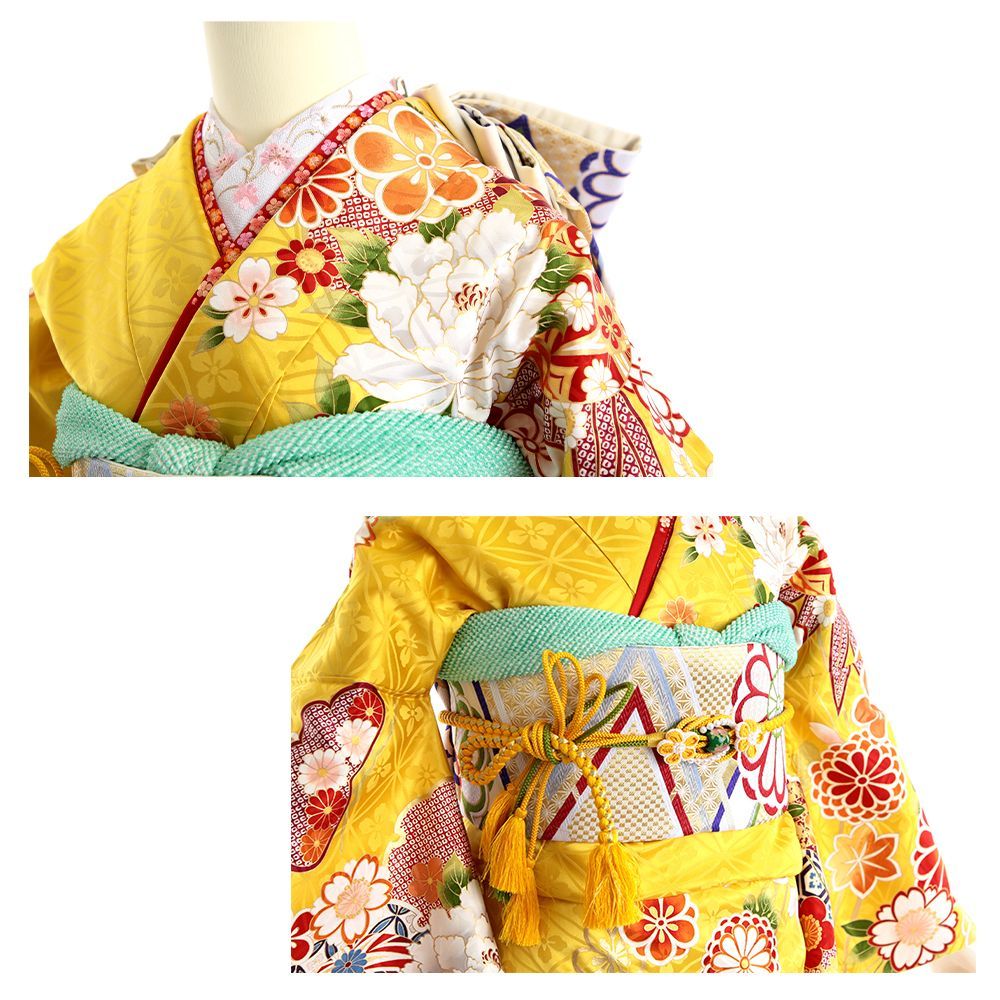 振袖 振袖フルセット 振袖セット 振袖 黄色 古典柄 牡丹 鞠 7点フルセット レディース Lサイズ WA-F-76