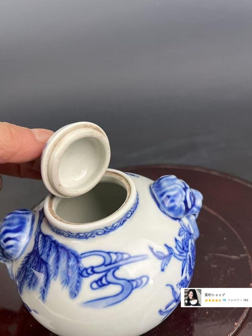 青花人物物語双獅耳蓋缶 茶道具 景徳鎮 陶磁器 装飾品 現代工芸