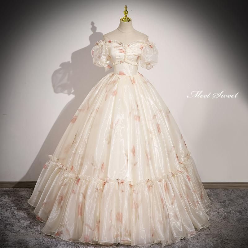 ドレス プリンセスライン シャンパン 花柄 オフショルダー ロングドレス ウェディングドレス 結婚式 二次会 花嫁 前撮り 演奏会 発表