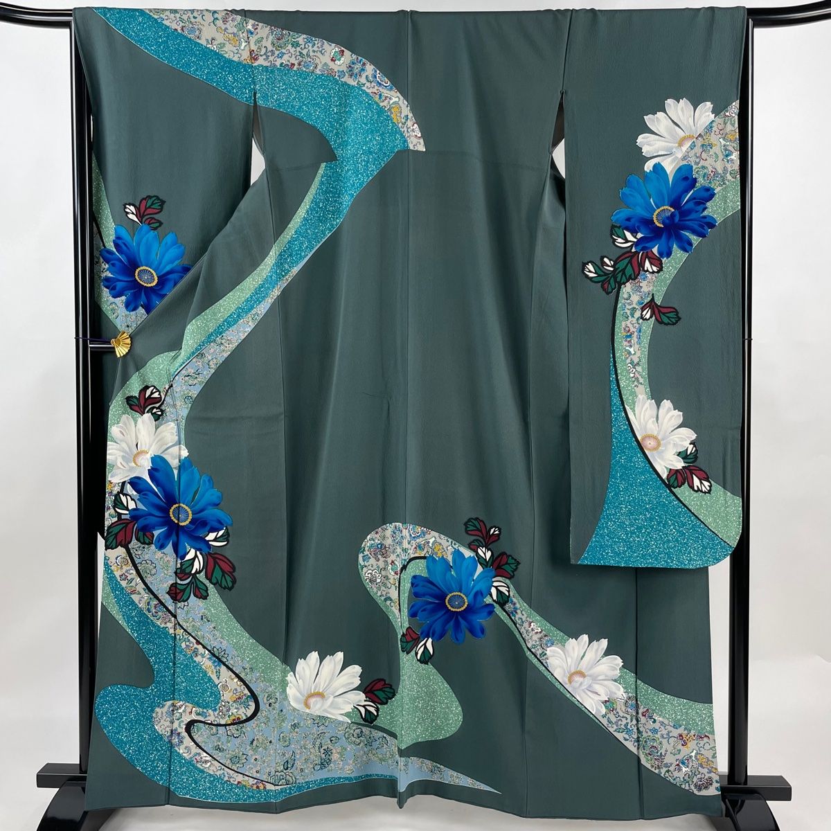 振袖 身丈162cm 裄丈67cm M 袷 草花 金彩 縮緬 灰緑 正絹 名品