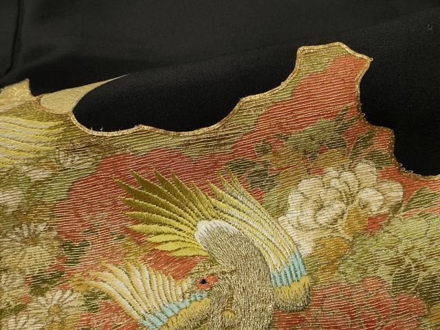 訳あり特価品　逆雲取に格子と刺繍の尾長鶏　着物リメイク　黒留袖　男女兼用ブルゾン 訳あり特価品 逆雲取に格子と刺繍の尾長鶏 着物リメイク 黒留袖