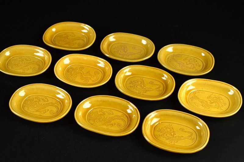 蔵A4558】珉平焼 淡路焼 黄交趾 龍図 小判型皿 十客