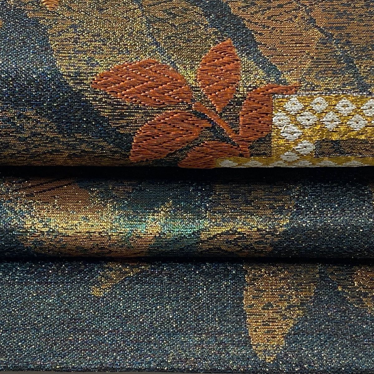 丸帯 未使用 正絹 六通 誉田屋源兵衛 七宝模様 箔糸 A1067-15 袋帯 美品 逸品 誉田屋源兵衛 落款 花 螺鈿箔 金銀糸 灰紫 六通