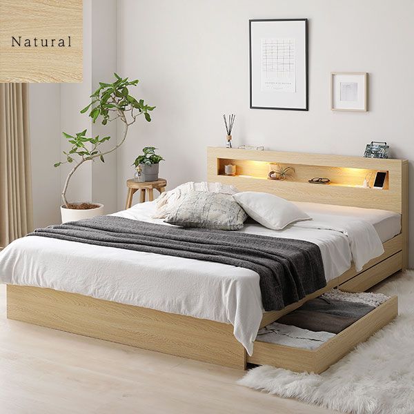 棚照明付き 収納ベッド シングル 日本製ポケットコイルマットレス付き(スタンダード) ブラウン 組立品〔代引不可〕 棚照明付き 収納ベッド シングル 日本製ポケットコイルマットレス付き