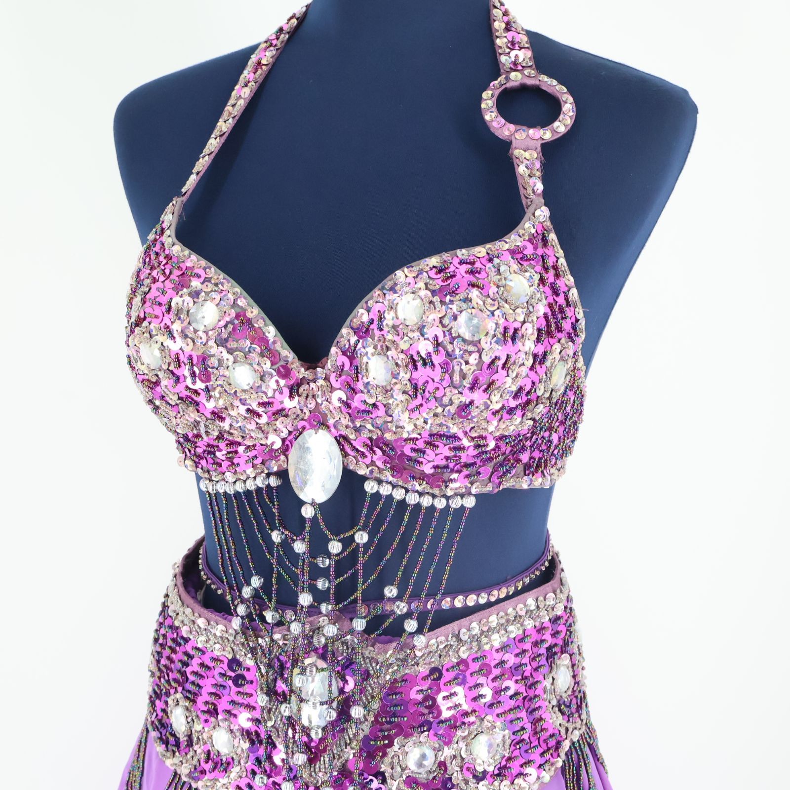 ベリーダンス衣装　華やか　パープル ベリーダンス用 オリエンタル衣装】パープル スパンコールラメ×ビーズ