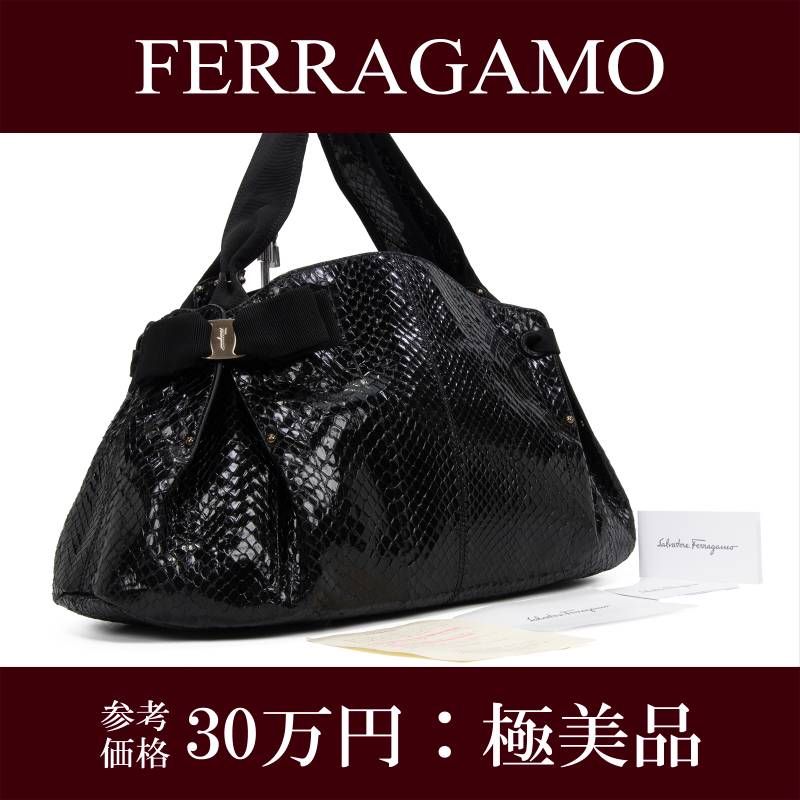 美品●フェラガモ　ハンドバッグ　ヴァラリボン　裏地総柄　リザード　レザー　黒色 美品○フェラガモ ハンドバッグ ヴァラリボン アクセサリー