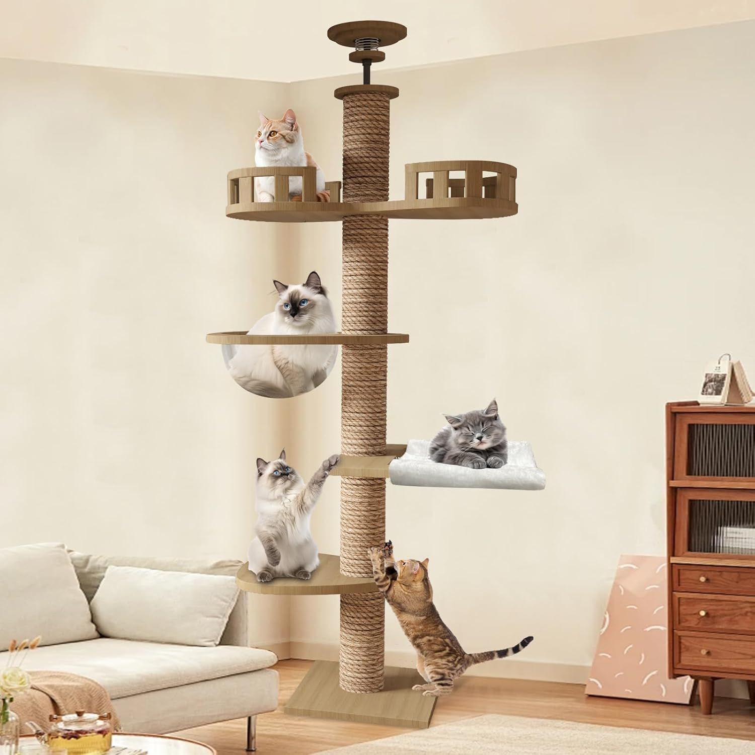 CozyMeow キャットタワー 突っ張り 木製 キャットツリー 木登りタワー 多層無垢材 太い支柱 スリム 宇宙船 ハンモック 多頭飼い 大型猫用 猫タワー 人気 おしゃれ 爪とぎ つめとぎ 猫 かわいい ねこ キャットウォーク 安定性良い