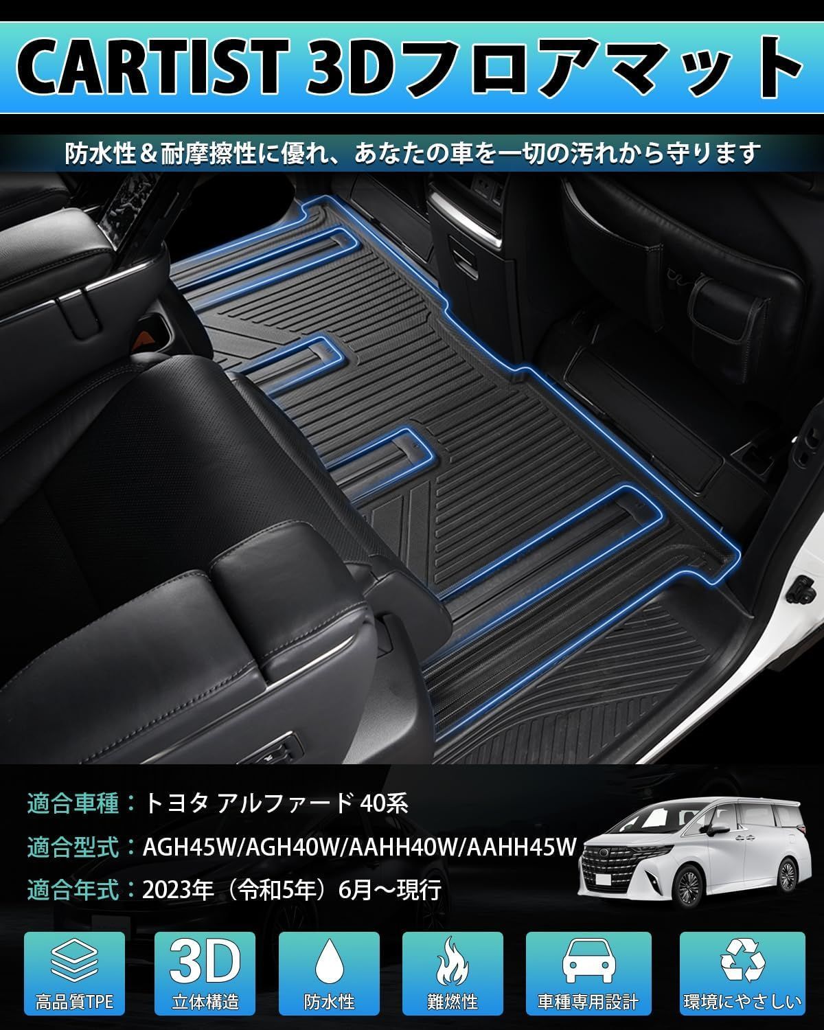 トヨタ 新型 アルファード ヴェルファイア 40系 2列目 フロアマット【 ブラック 1Pセット】立体カーマット 車用 3Dフロアマット 立体構造  7人乗 右ハンドル車 専用 2023年6月～現行 防水 滑り防止 耐汚れ TPE素材 車種専用設計