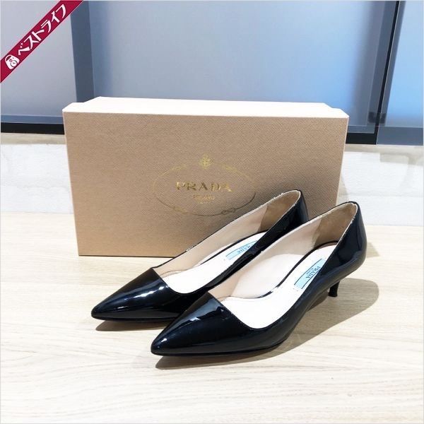 美品 プラダ エナメル パンプス ブラック ヒール 34 1/2 約22.5 箱  