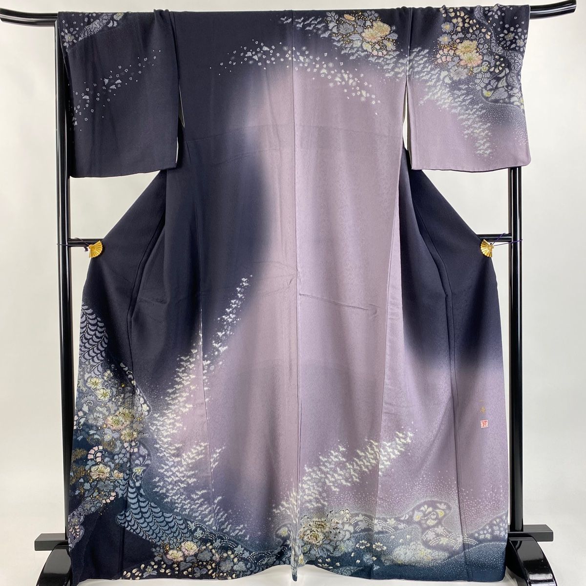 訪問着 身丈168cm 裄丈69.5cm L 袷 吉乃一廉 落款 草花 流水 金彩 絞り 墨色 正絹