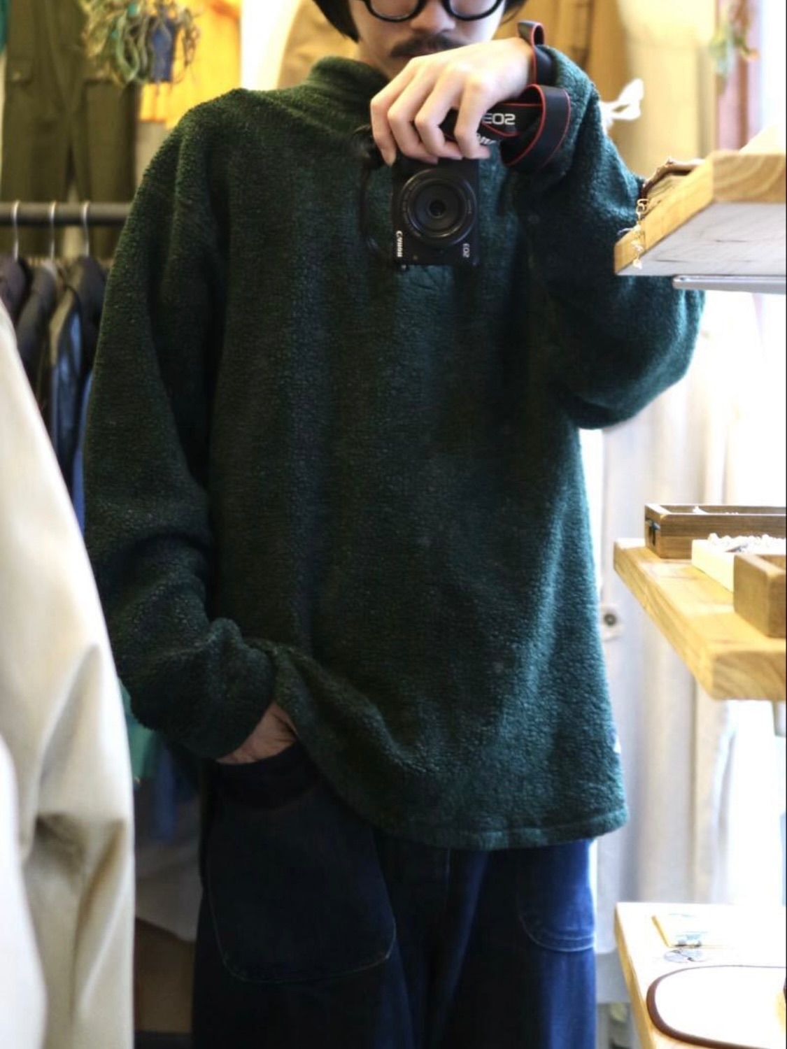 80s 90s Vintage フリース ヘンリーネック カットソー アクリル グリーン ビンテージ T5-10026-9277