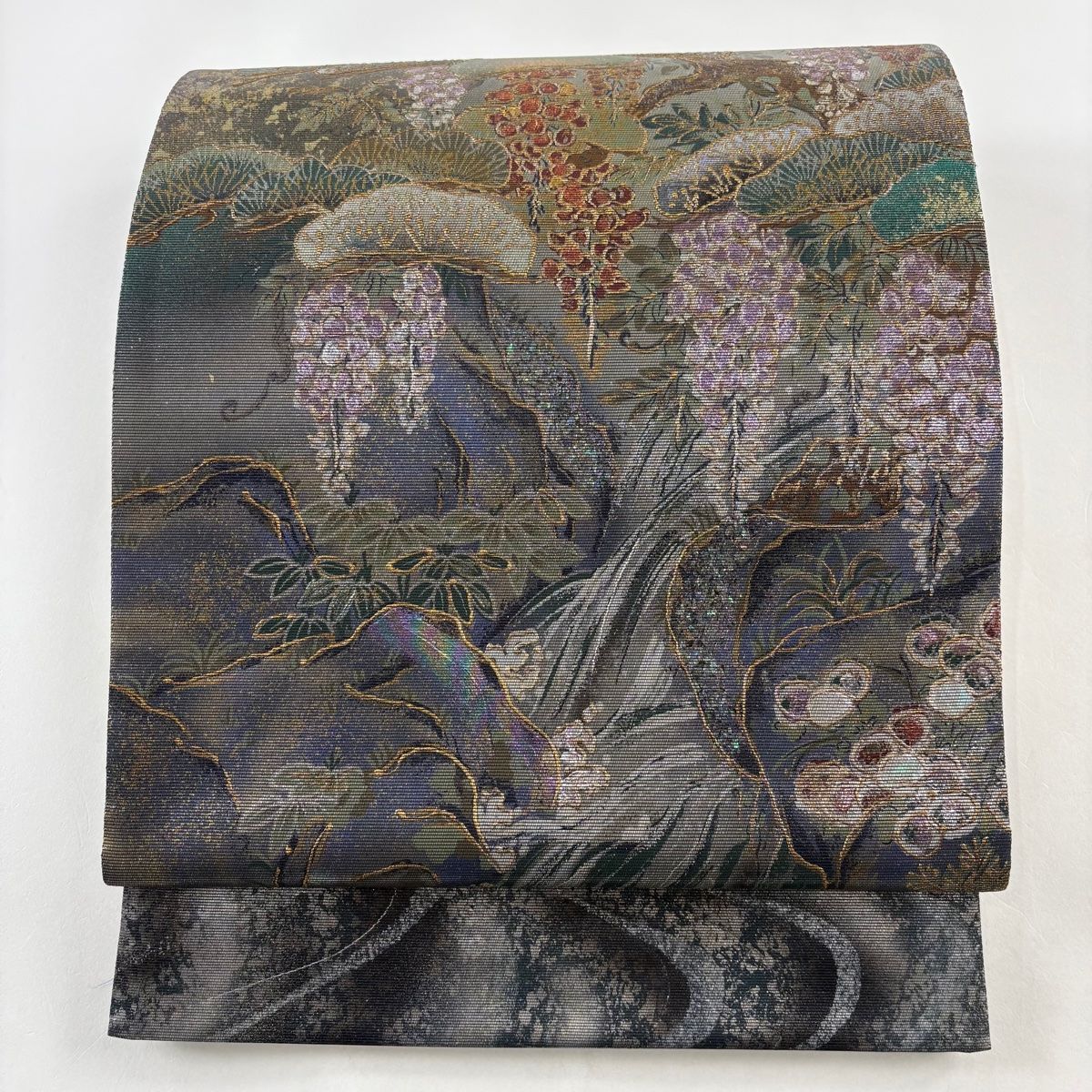 袋帯 名品 滝 笠松 箔 灰緑 お太鼓柄 正絹