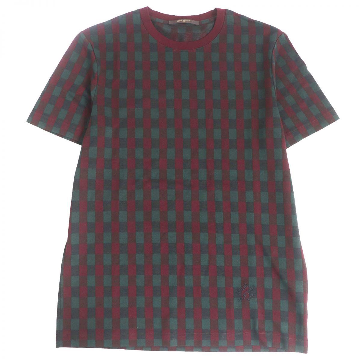 極美品LOUIS VUITTON/ルイヴィトン チェック 総柄 ロゴエンブロイダリー コットン100％ 半袖Tシャツ/カットソー 赤×緑 L 伊製 正規品