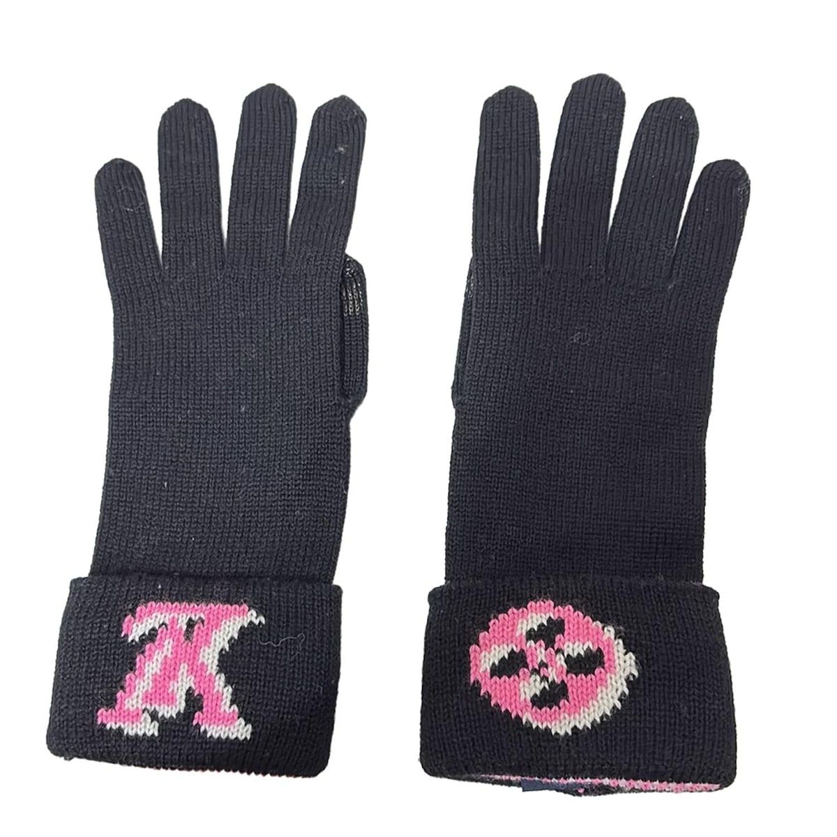 LOUIS VUITTON ルイヴィトン 手袋 レディース ゴン 3D モノグラム M76451 黒×ピンク×白 ウール