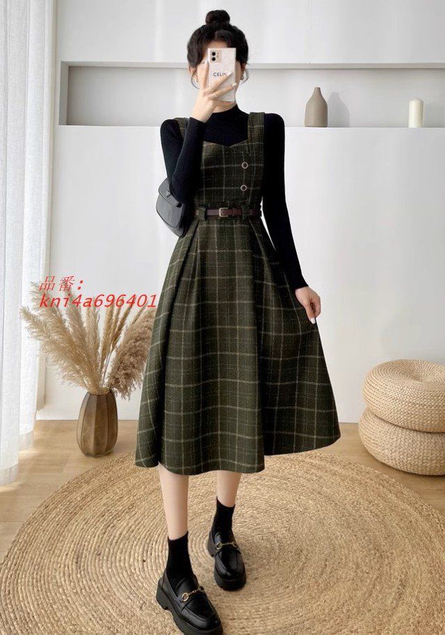 チェック柄 ジャンパースカート 秋冬 フAライン ワンピース レディース 冬 フェミニン レディース クラシカル レトロ ジャンスカ 大きいサイズ 秋 ミモレ丈 kni4a696401 GULLKHAN_COM