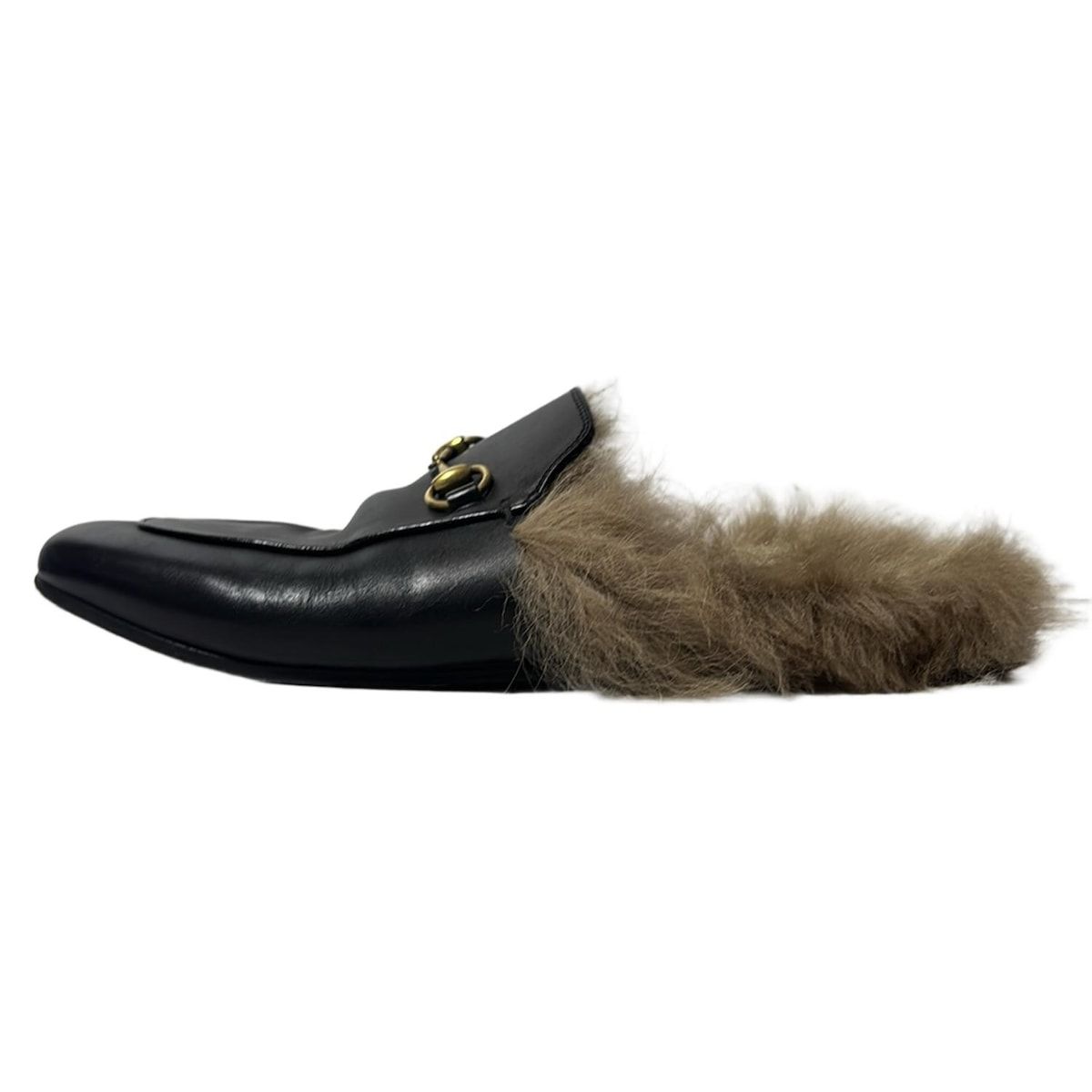 GUCCI グッチ フラットシューズ 8 レディース - 黒×ブラウン ホースビット レザー ファー